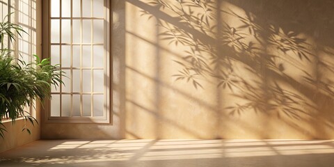 Wall Mural - Abstract beige background with intricate shadows from window and vegetation