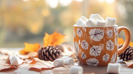 Wall Mural - A cup of coffee with marshmallows on the table, surrounded by autumn leaves and pine cones, Generative AI 