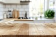 © Dzikrul Husnani - kitchen table background, wood counter top on blur of white clean abstract home interior with bokeh. used for display or montage your wooden for dining background. tabl banner, podium , ai