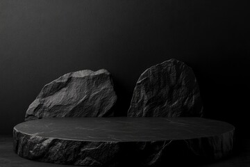 Wall Mural - Elegant black stand or podium, scene with black stone and black background. Beautiful black background with place for the product. Elegant dark background , ai