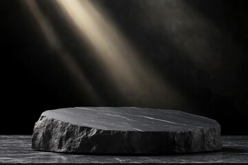 Elegant black stand or podium, scene with black stone and black background. Beautiful black background with place for the product. Elegant dark background , ai