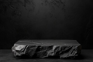 Elegant black stand or podium, scene with black stone and black background. Beautiful black background with place for the product. Elegant dark background, ai