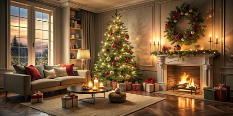 Sticker - A stylish living room decorated for Christmas with a festive tree, presents, and warm lighting