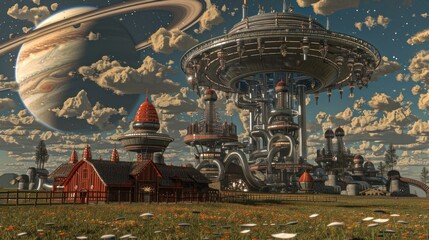 Canvas Print - Futuristic Farm Under a Giant Planet