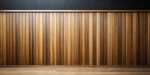 Wall Mural - A modern wood paneled wall with a black background and a brown stripe at the bottom