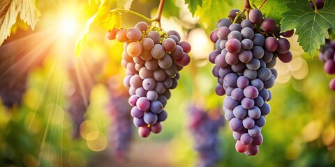 Fresh bunch of grapes hanging on vine in sunlight with leaves and stems, blurred sunlit background