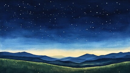 Watercolor painting of a night sky with stars over a mountain range.