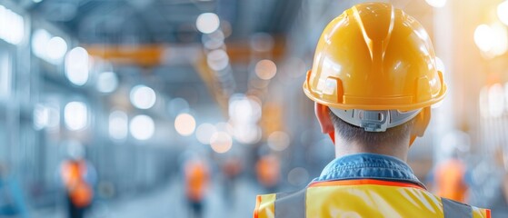 Construction worker observing a bustling warehouse environment, wearing a safety helmet and reflective vest, focused on tasks ahead amidst a busy industrial setting.