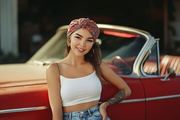 Smiling young woman in casual summer attire leaning against a classic red convertible, embracing a carefree vintage vibe outdoors.