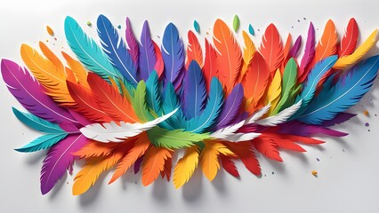 A colorful arrangement of paper feathers against a white background.