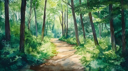 Wall Mural - watercolor painting of a path through a lush green forest.