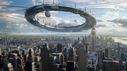 Canvas Print - Futuristic Cityscape with a Hovering Ring Structure