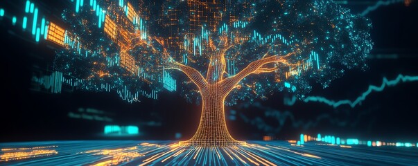 A digital tree representing growth and technology, intertwining nature with data visualization and futuristic elements.