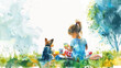 © Ema - Blue watercolor of little girl and her pet dog having a picnic in park