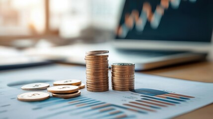 A close-up view of stacked coins on financial charts, illustrating investment growth and economic analysis in a modern workspace.