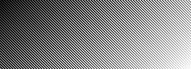 Wall Mural - Diagonal thin line halftone gradation texture. Fade oblique stripe gradient background. Black slanted lines pattern backdrop. Vanishing parallel stripes wallpaper for overlay, print, cover. Vector