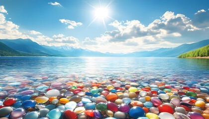 Wall Mural - The sea is full of colorful pebbles, and the pebble beach on both sides is covered with many colored glass stones