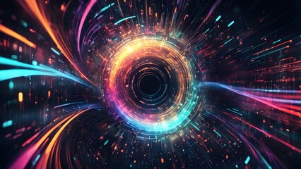 Wall Mural - Abstract glowing circle with colorful lights and streaks, reminiscent of a wormhole or a futuristic tunnel.