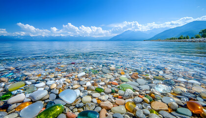 Wall Mural - The sea is full of colorful pebbles, and the pebble beach on both sides is covered with many colored glass stones