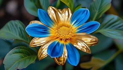 Vibrant flower with gold and blue petals, adorned with lush green leaves and a striking gold center