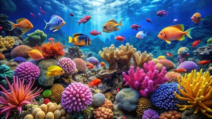 Vibrant coral reef with colorful fish swimming among a variety of coral formations, coral reef, underwater, marine life