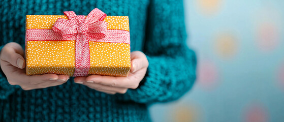 A person holds a beautifully wrapped gift box with a pink ribbon, perfect for celebrations and special occasions.