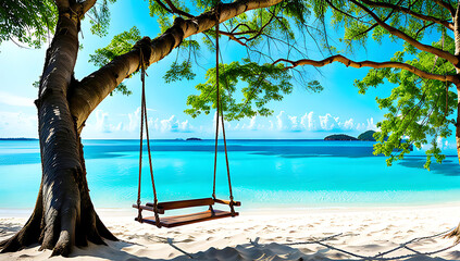 Serene and picturesque landscape image featuring two simple wooden swings hanging from sturdy tree branches,background showcases a tranquil beach with soft white sand leading to calm, clear  waters