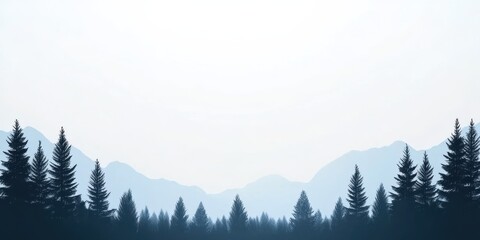 A calming scene showing the silhouette of pine trees against the backdrop of misty mountains and a fading sky, portraying tranquility and the beauty of nature.