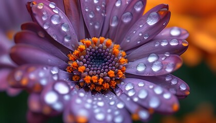 Vibrant purple and orange flower adorned with glistening water droplets