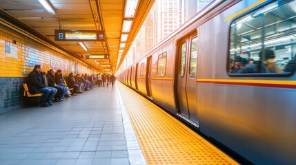 A train is pulling into a station with people sitting on benches