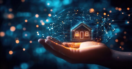 Wall Mural - digital home in hand, networked and connected