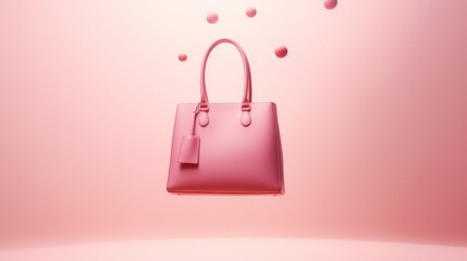 Poster - Pink leather handbag floating in the air against a pink background.