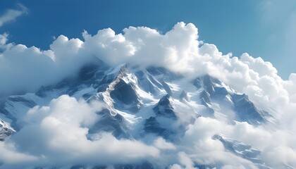 Majestic snow-capped mountain range under a vibrant blue sky with fluffy white clouds