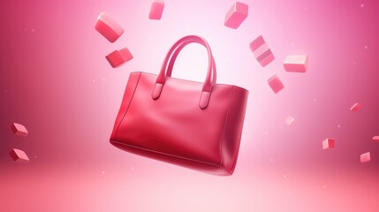 Poster - A red leather handbag floating in mid-air against a pink gradient background with small pink cubes floating around it.