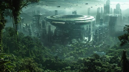 Poster - Futuristic Cityscape Surrounded by Lush Jungle