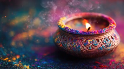 Macro shot of a traditional earthen diya covered in multicolored Holi powder, with intricate designs visible on its surface.