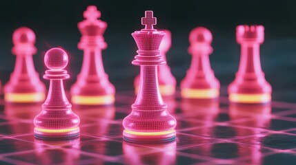 A chess game with a pink king and pink pawns