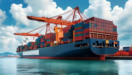 Majestic container ship resting at a bustling port, surrounded by cranes and cargo operations