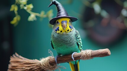 Wall Mural - A parakeet wearing a witch's hat is perched on a broom