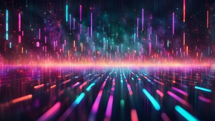 Abstract digital background with colorful glowing lines and particles.