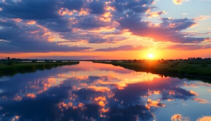 Serene sunset reflections on a tranquil river with a sky adorned by clouds