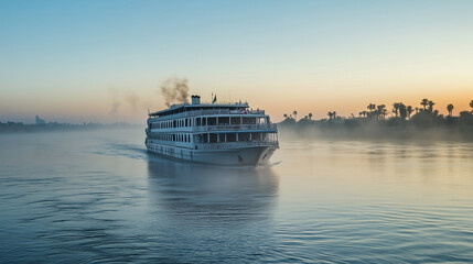 A serene early morning view of a large white riverboat cruising on calm waters with a soft sunrise sky, and palm trees silhouetted in the distance.