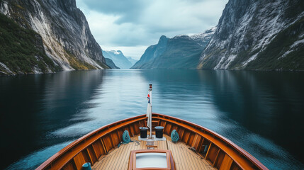 Wall Mural - View from the bow of a wooden boat navigating through a tranquil fjord surrounded by towering cliffs under a cloudy sky.