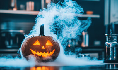 Wall Mural - A pumpkin with a scary face is surrounded by smoke