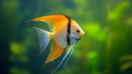 A beautiful angel fish gracefully swims through the clear, tropical waters, its vibrant colors contrasting against the lush green background. This image evokes a sense of peace, serenity, and the beau