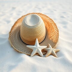 starfishes and a straw hat on the beach