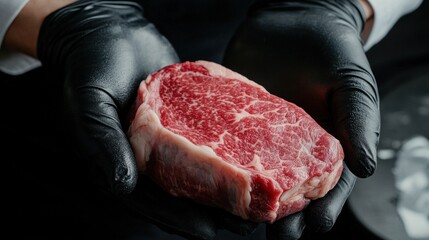 Wall Mural - Close-up of a Raw Beef Steak Held by Gloved Hands