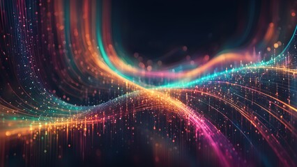 Wall Mural - Abstract background with glowing colorful lines and particles.