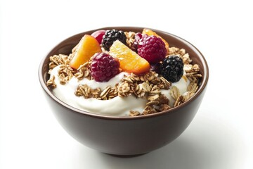 Wall Mural - Granola and Yogurt, A bowl of crunchy granola served with yogurt and often topped with fresh fruits, honey, and nuts. isolated on white background