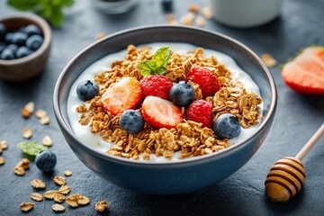 Wall Mural - Granola and Yogurt, A bowl of crunchy granola served with yogurt and often topped with fresh fruits, honey, and nuts.